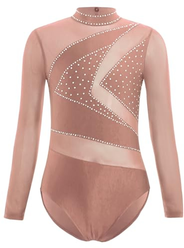 Yruioon Kinder Mädchen Gymnastikanzug Glitzer Turnanzug Langarm Ballettanzug Ballett Trikot Gymnastik Leotard Turnbody Overall Wettbewerb Tanzkostüm Dusty Rosa 134-140