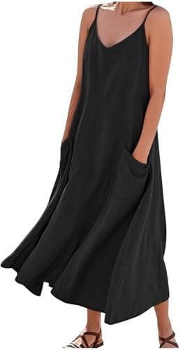 Vestidos Verano Mujer 2025,Mis Pedidos Lino Algodón Vestido Sin Manga Verano Casual Cuello en V Cómodo Vestidos Chaleco Color Sólido Bolsillos Elegante Dress Basico Vestido de Playa Transpirable