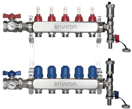 ENVIRON - Distributore del ciclo della pompa di calore [2-12 cicli di pompa di calore] con set di valvole a sfera e kit di sfiato rapido | Riscaldamento a pavimento (5 cicli di pompa di calore)