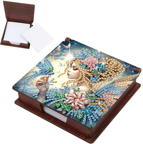 JISHSHAY Diamond Painting Note Box Elf Diamond Art Notecard Box Fairy Gem Art Sticky Note Holder Flower Gem Painting Embroidery Kit Mosaic Kits for Adults Memo Pad Holder, Contains 160 Sheets of Paper