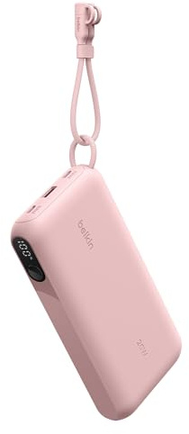 Belkin Portable Charger, USB-C Power Bank 20,000mAh with 2x Type C Ports & 1x USB-A Port, Digital Battery Display, 20W Charging for iPhone 17 Series, Samsung Galaxy S25, Pixel 10, iPad, & More - Pink