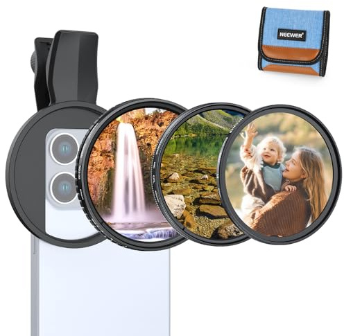 NEEWER 67mm Variables ND Filter Set, kompatibel mit iPhone, 3er Pack, Clip On CPL Zirkular Polfilter + ND2-32 Graufilter + Black Diffusion 1/4 Filter, Handy Kamera Objektivfilter, Fotozubehör, FL-B37