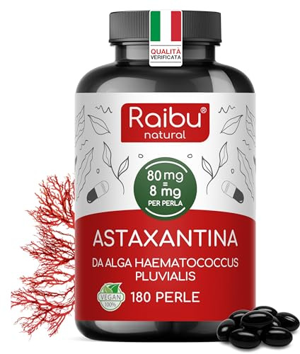 Astaxantina Natural Pura - 80 mg (equivalente a 8 mg de Astaxantina) del alga Haematococcus pluvialis - 180 Cápsulas Veganas: 6 Meses de Suministro - Potente Antioxidante, sin Estearato de Magnesio