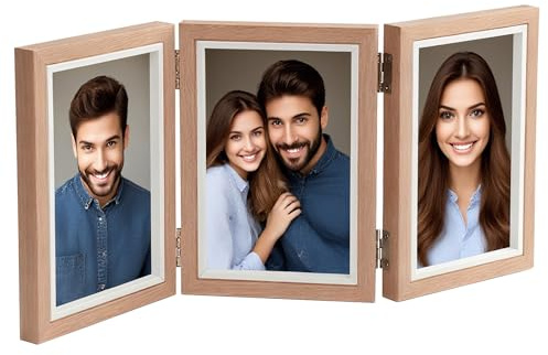 Trifold Photo Frame, Hinged Triple Foldable Frames, 3 Photos Collage Frame Hinged Triple Foldable Frames for Wedding Family Tabletop Desk Display