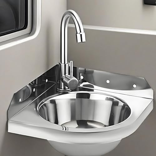 Dreieck Waschbecken,Ausgussbecken Silber aus Edelstahl Eckwaschbecken Wandmontage,Handwaschbecken Klein,Einschalen-Spülbecken Mit Warm- und Kaltwasserhähnen,für Boot, Wohnwagen, Wohnmobil