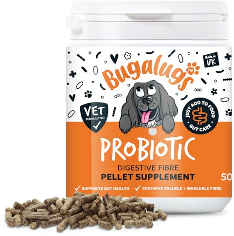 Bugalugs Dog Fibre Supplement Pellets with probiotics for dogs, kaolin & Psyllium Husk fibre pro supports gut health & promotes digestion 500g