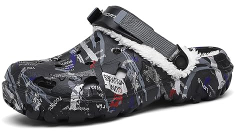 MEIAGDT Zoccoli da uomo foderati mimetici Fuzzy Garden scarpe invernali slip-on sandali con cinturino posteriore regolabile, Nero, 7 US