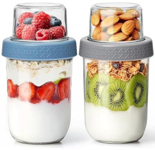 ComSaf Overnight Oats Gläser 480ml 2er Set, Müslibecher to Go mit Fach | 120ml Topping-Fach, Trocken-Nass-Trennung, Auslaufsicherer Joghurtbecher, Chia-Pudding, Nüsse, Büro & Schule, Rosa & Grün