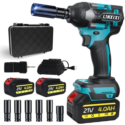 L1NXIXI Cordless Impact Wrench for Ma-Kita 18V, 1/2 Impact Driver with Brushless Motor High Torque 1000N.m/740 Ft-lbs, 3000RPM Electric Impact Wrenches with 2 * 4.0Ah Battery & Charger, 6 Sockets