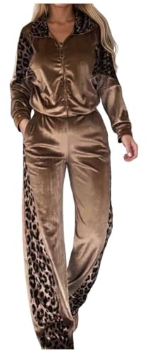 DUHENWU Tuta da donna a maniche lunghe, con motivo leopardato, set da due pezzi, a maniche lunghe, per il tempo libero, O kaki, XL