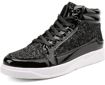 Scarpe da ginnastica da uomo con paillette, in similpelle lucida, con plateau e plateau, per carnevale, comode, scarpe da ginnastica per feste e feste, Nero , 39 EU