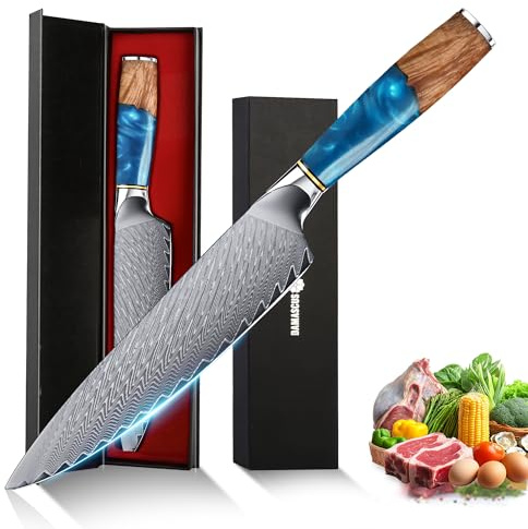hoforife Cuchillo de Chef Japonés 20 cm Damasco 67 Capas - Lámina de Acero VG10 al Carbono, Mango Ergonómico de Madera - Incluye Estuche de Regalo (Resina y madera)
