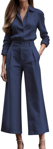 Smart vardaglig arbetsdräkt för damer, träningsoverall för kvinnor – elegant business kontor arbete Co Ord set casual blusar långärmad och hög midja vida ben byxor passar vår höst outfit, Marinblått
