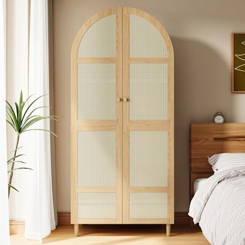 EMKK Kleiderschrank 2 Türig, Garderobenschrank Rattan Geflecht, Landhausstil Mehrzweckschrank, Wardrobe Closet, mit Großer Schublade, 179x80x50 cm (H/B/T) (Natur)