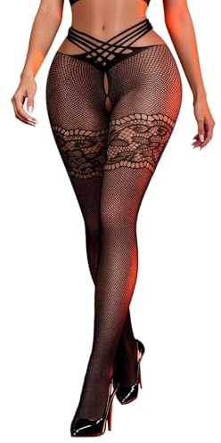ohyeahlady Women's XS-5XL Fishnet Tights, Plus Size High Elastic Suspender Pantyhose with Wide Band, Crisscross Strappy Lace Splicing Lingerie for Festival Outfits