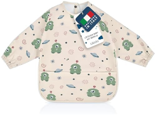 KIKIDO Bavaglino con Maniche Lunghe per Svezzamento - Mostro, Taglia L (3-5 Anni) - Grembiule Pappa Impermeabile con Tasca Raccoglipappa - Materiali Premium, Facile da Pulire e Lavabile in Lavatrice