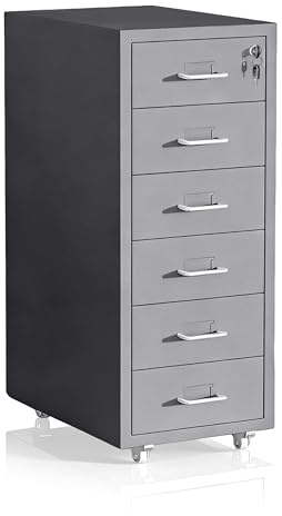 Relaxdays Rollcontainer, 6 Schubladen, HxBxT: 69 x 28 x 41 cm, abschließbar, Aktenschrank auf Rollen, Metall, grau