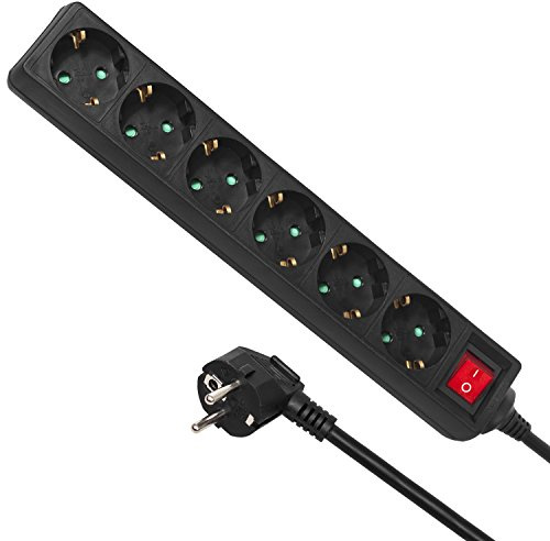 Regleta alargador 6 enchufes con Interruptor Longitud 5m Tipo alemán Maclean Energy MCE195G 3500W, 45 Grados, Montaje Pared, protección Infantil.