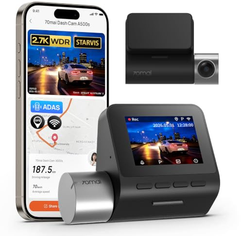 70mai 2.7K Dash Cam Front A500S, 1944P Dash Camera for Cars with Sony IMX335, Dashcam Built-in WiFi GPS, Optional Rear Dashcam, ADAS, 2'' IPS LCD Screen, 24H Parking Mode, WDR, Super Night Vision