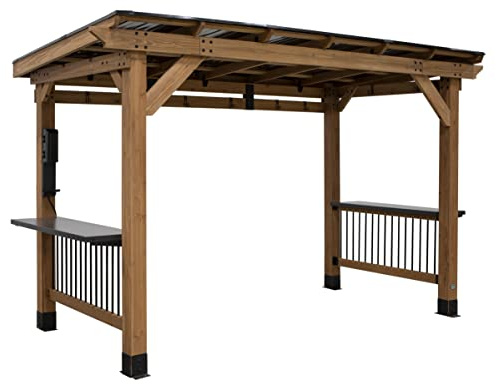 Backyard Discovery Saxony XL 12' x 6' Cedar Wood BBQ Grill Gazebo Pavilion with Hardtop Galvanized Steel Roof, Bar Tops, Powerport, Snow Support, Wind Resistance, Cook Station for Outdoor Patio, Deck
