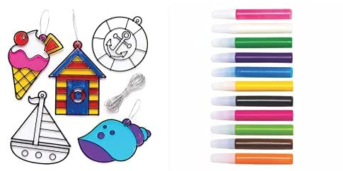 Baker Ross Seaside Suncatcher Decorations (Pack of 8)(AR515) and Suncatcher Paint Pens Bumper Pack (Pack of 12)(AT943)