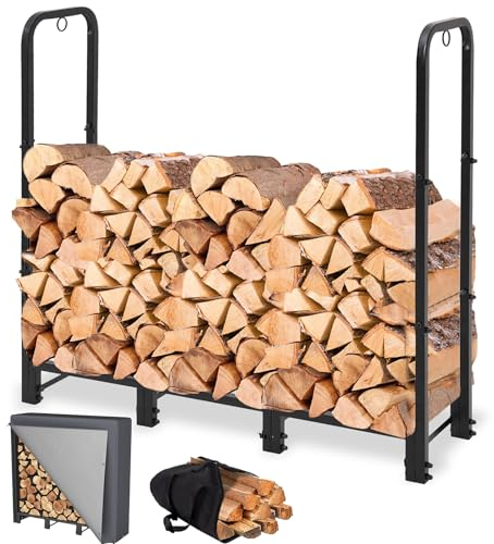 NEOCOZY Kaminholzregal, strapazierfähig, für drinnen und draußen, Kaminholzregal mit wasserdichter Abdeckung, Kombi-Set, schwarz, 1,2 m