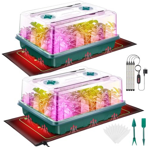 Ourhom Seed Starter Tray, Seed Starter Kit with Grow Lights and Heating Mat, 96 Cell Seed Growing Tray, Seed Starter Trays, K