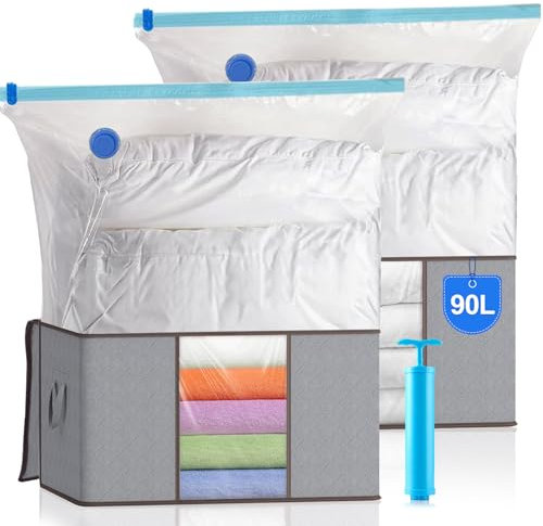 Confezione Da 2 Sacchi Di Stoccaggio In Tessuto (90L) + 2 Sacchi Per Il Vuoto + 1 Pompa, Scatole Per Armadio Grande Capacità Con Manico Rinforzato, Per Vestiti, Piumoni, Cuscini E Lenzuolav