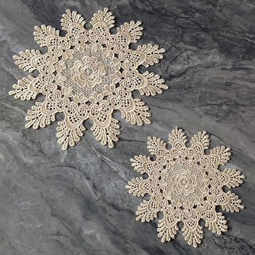YKAFADE 4 Stück 15cm Runde Beige Bestickte Tischmatte,Handgefertigt Tischset Geklöppelt Spitzendeckchen Häkeldeckchen Tischläufer Vintage Tischdeckchen Untersetzer für Küche Esszimmer Party Hochzeit