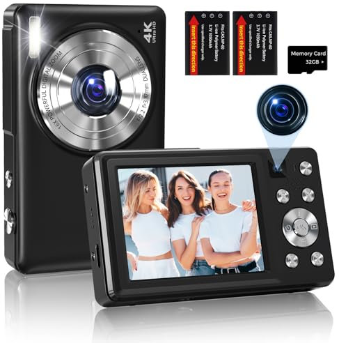 Cámara Digital 4K 64 MP Autoenfoque Camara de Fotos Digital Compacta para Vlogging y Selfies, Pantalla 2,8″, Zoom 16X, 2 Baterías, Negro