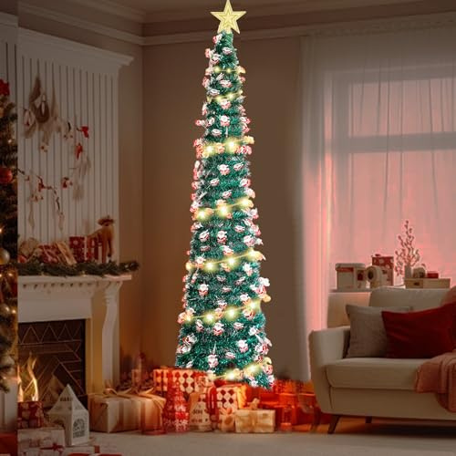 Árbol de Navidad desplegable de 5 pies con cadena de luces de 16.5 pies, árbol de oropel de Navidad plegable artificial para decoraciones de Navidad, exhibición del hogar, decoración de oficina, fácil