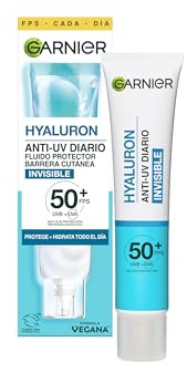 Garnier SkinActive Hyaluron Anti-UV Diario Fluido Protector de Barrera Cutánea Invisible con [Ácido hialurónico + Glicerina]. Protege e hidrata todo el día. FPS 50+. Apto para pieles sensibles. 40 ml.