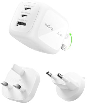 Belkin Cargador USB C con 3 Puertos, Cargador de Pared GaN de 70 W con 2 Puertos USB-C y 1 USB-A, Enchufe US/UK/EU, Carga Rápida MacBook, iPhone, iPad Pro, Samsung Galaxy, Google Pixel y otros, Blanco