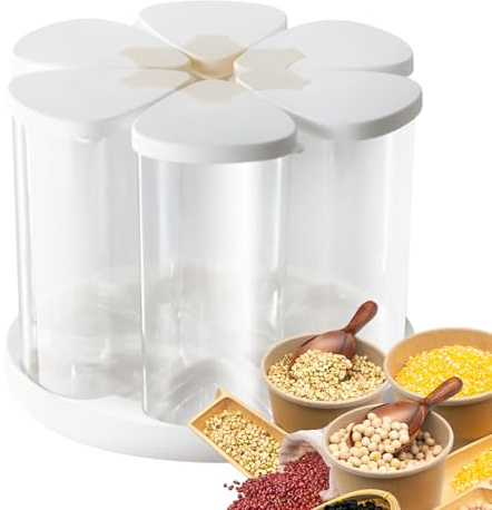 Dispensador giratorio de alimentos, soporte de arroz y granos, recipientes de cocina giratorios de 6 rejillas, para azúcar, caramelos, aperitivos, despensa, gabinete, encimera, hogar