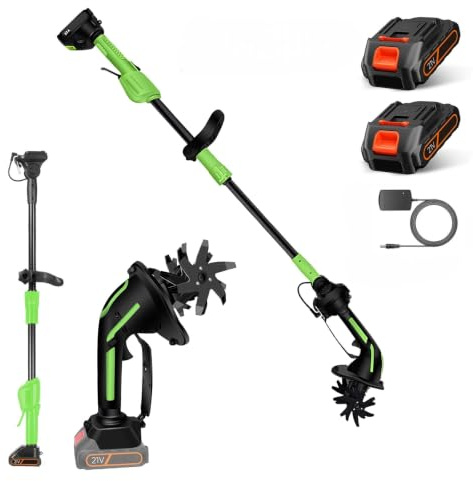 Motoazada Electrica 650W, Mini Motoazada Bateria con Batería 3000mAh, Varilla de 1,3 m, Ancho de Labranza 10 cm, Profundidad de Labranza 10 cm para Aflojar la Tierra en Jardines, Huertos y Céspedes.