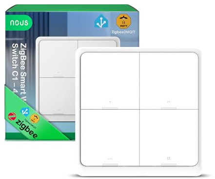 NOUS C1 Interrupteur ZigBee Sans Fil 4 Boutons, Télécommande Smart Home, Contrôle de Scènes jusqu’à 12 Actions, Fonctionne sur Batterie, Compatible Alexa & Google Home, Hub ZigBee Requis