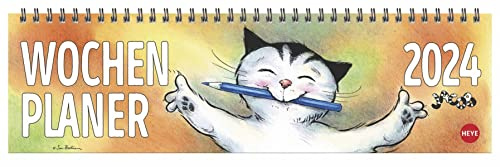 Jacob Wochenquerplaner 2024. Praktischer Tischquerkalender mit Spiralbindung und Katzen-Cartoons. Liebevoll illustrierter Tisch-Kalender für Katzenliebhaber.