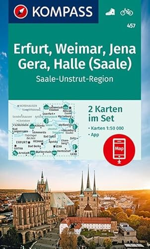 KOMPASS Wanderkarte Erfurt, Weimar, Jena, Gera, Halle (Saale): 2 Wanderkarten 1:50000 im Set inklusive Karte zur offline Verwendung in der KOMPASS-App. Fahrradfahren. (KOMPASS-Wanderkarten, Band 457)