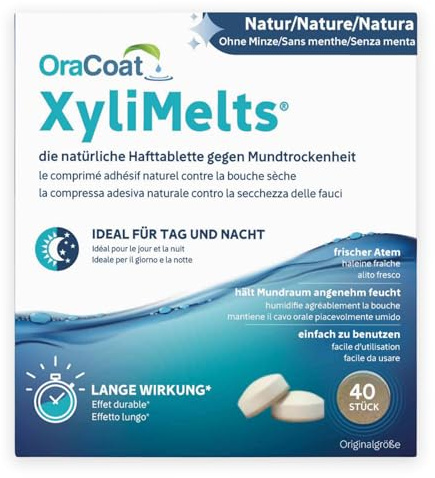 OraCoat XyliMelts - 40 Pastillas Adhesivas para la Boca Seca y Protección Dental - Xilitol Natural - Alivio Nocturno contra la Xerostomía y el Mal Aliento - 40 Uds, Natural