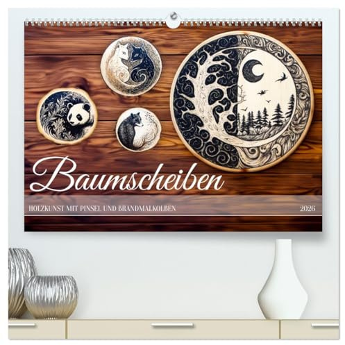 Baumscheiben - Holzkunst mit Pinsel und Brandmalkolben (hochwertiger Premium Wandkalender 2026 DIN A2 quer), Kunstdruck in Hochglanz: Basteln auf ... Brandmalkolben und Pinsel (CALVENDO Kunst)