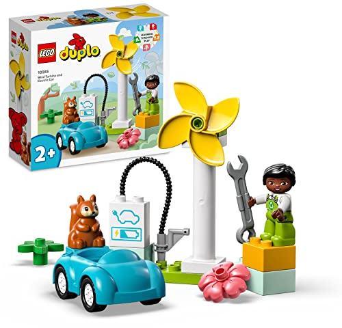 LEGO 10985 Duplo Town Aerogenerador y Coche Eléctrico de Juguete para Niños y Niñas de 2 Años o Más, Set Educativo con Figuras, Mejora Motricidad Fina