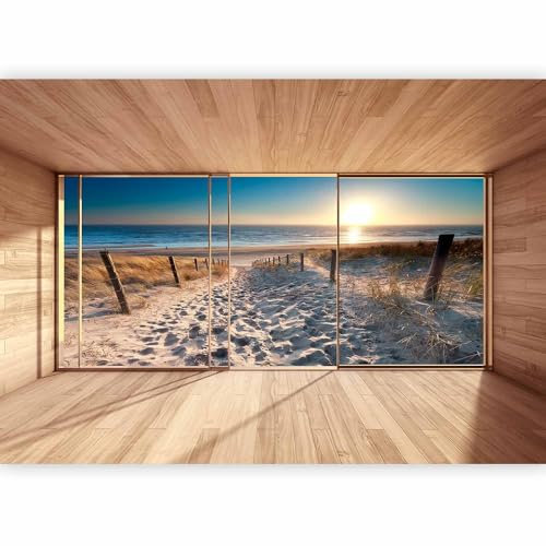 Papier peint panoramique paysage 300x210 cm - Revêtement décoration - Illusion de bois mer paysage moderne plage espace texture fond vue depuis la fenêtre lever du soleil c-C-0067-a-b