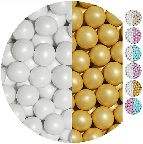 EinsSein 0,7kg Crispy Schokoperlen Mix large weiss-gold pearl Herz Schokodragees Gastgeschenke Hochzeit Schokolinsen Hochzeitsmandeln Candy Bar Süssigkeiten Nikah Sekeri mini Herzdragees Schoko Linsen
