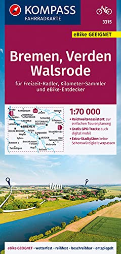KOMPASS Fahrradkarte 3315 Bremen, Verden, Walsrode 1:70.000: reiß- und wetterfest mit Extra Stadtplänen