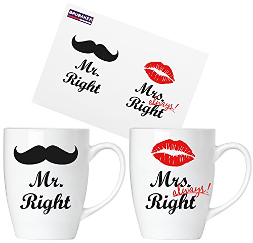 Brubaker Mr. Right & Mrs. Always Right Set Tazze da Caffè in Ceramica - 2 Tazze da Caffè 300 ml con Biglietto d'Auguri e Confezione Regalo