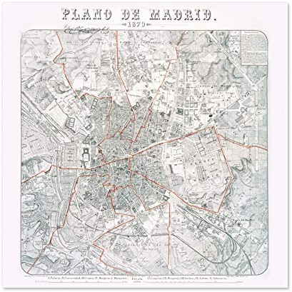 Karta antik moral 1879 Madrid stadsplan gammal kopia stor väggkonst affisch tryck tjockt papper 60 x 60 cm