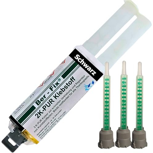 Ber-Fix 2K PUR Kleber schwarz 25g + 3 Düsen schnell flexibel Kunststoff | 2K PUR Kleber schwarz 25g + 3 Mischdüsen schnell flexibel Kunststoff: Schwarzer 2K-PUR-Kleber für schnelle
