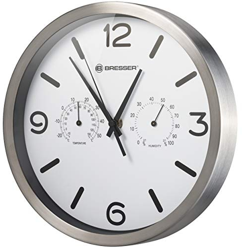 Bresser Funkuhr Wanduhr MyTime ND Thermo-Hygro mit geräuschlosem Funkuhrwerk, Edelstahlrahmen und Anzeige für Temperatur und Luftfeuchtigkeit, Weiß