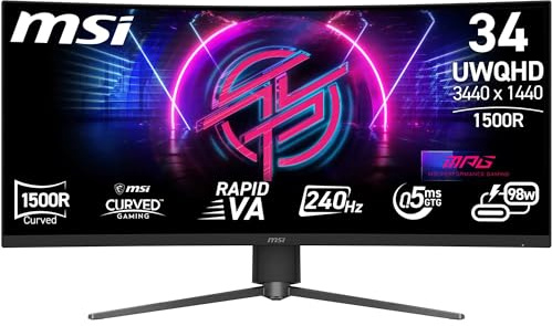 MSI MPG 346CQRXF X24 34-Inch UWQHD 1500R Gaming Monitor, 3440x1440 Rapid VA, 240Hz, 0.5ms, DisplayHDR 400, KVM, HDMI 2.1, DP 1.4a, USB C (98W PD), Frame-less, Tilt/Height Adjustable, Black