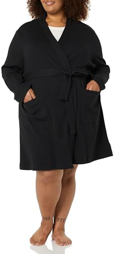 Amazon Essentials Women's Lightweight Cotton Waffle Mid-Length Bathrobe (Available in Plus Size), Black, 2X